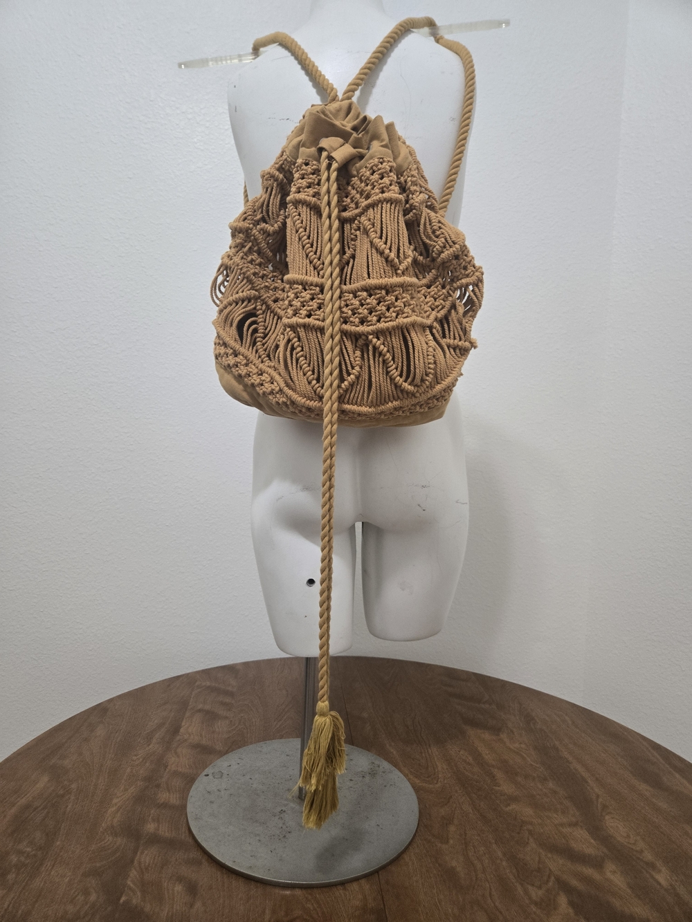 Boho Macrame Drawstring Backpack Brown Woven Fringe Rope Straps